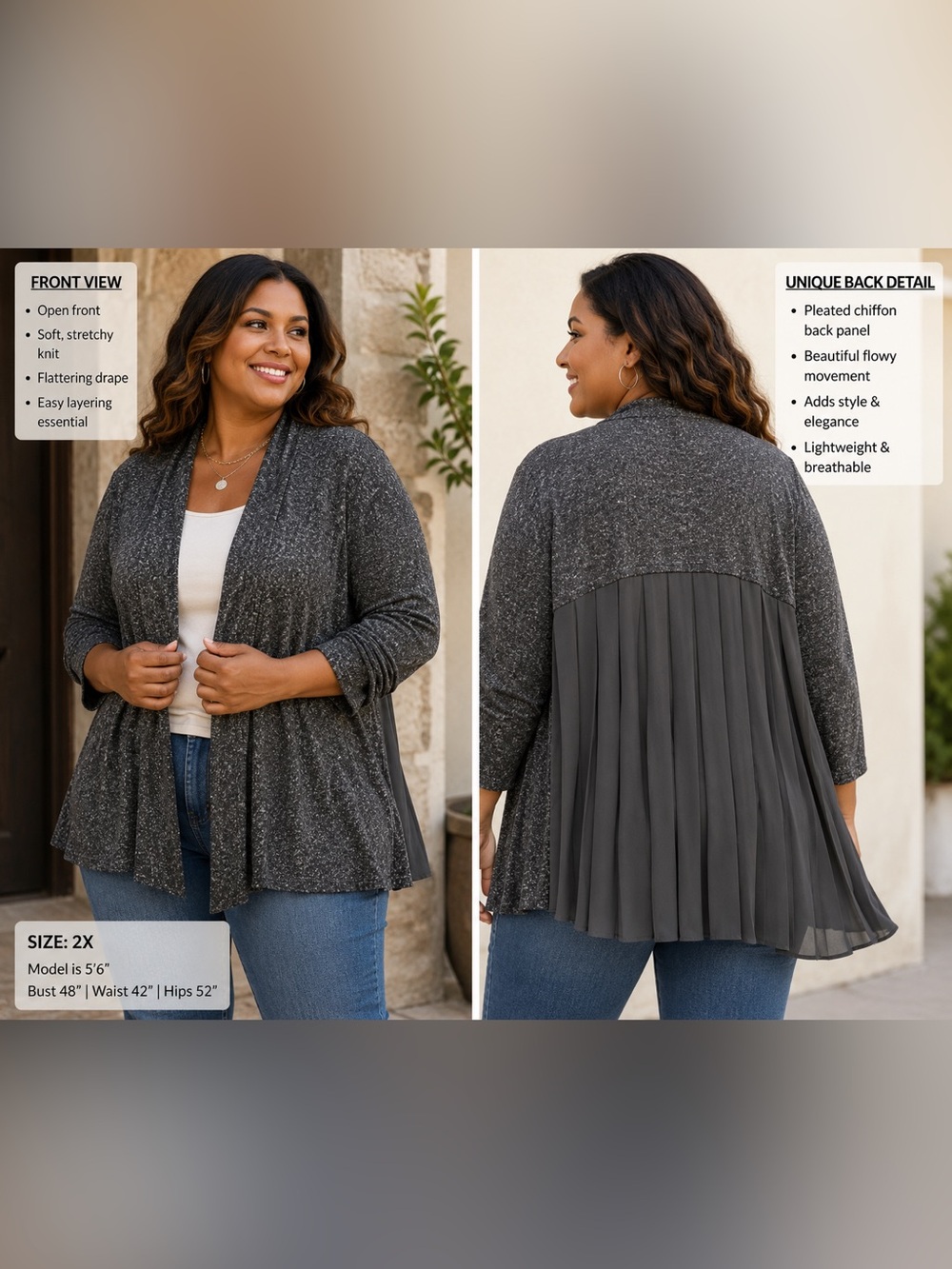 Green Envelope Charcoal Marled Knit Cardigan with chiffon pleated back in 2X